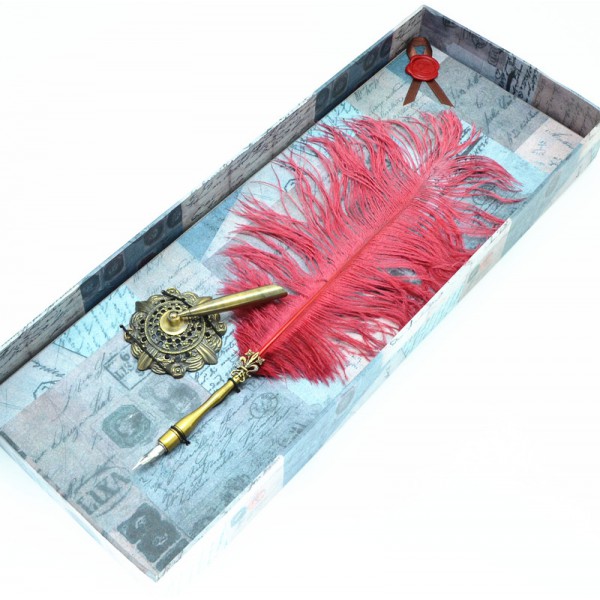 Ostrich feather dip pen & metal pen stand set