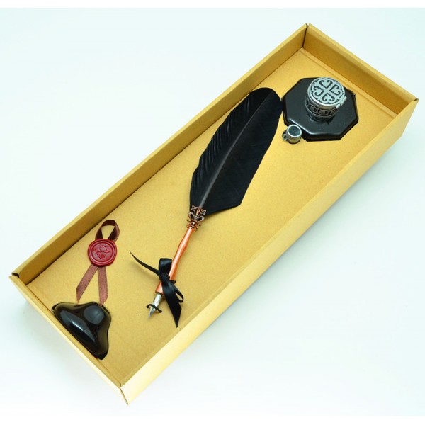 Turkey feather dip pen, ceramic pen stand & inkpot set